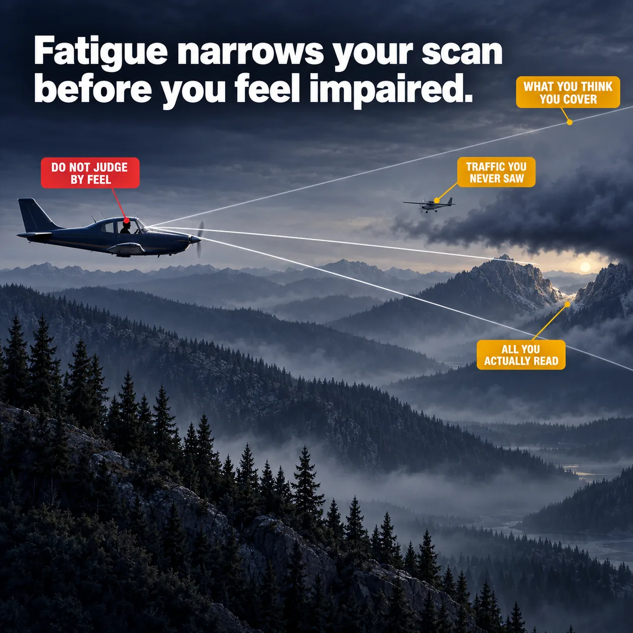 Attention narrowing under fatigue: an illustrated diagram for pilots. Fatigue narrows your scan before you feel impaired. The picture shows side elevation of a single-engine aeroplane in profile left of centre, late in the day, with layered ridgelines stepping back to the right into haze; a narrow pale-edged cone of attention opening forward from the cockpit, reaching only one small lit notch of rock at the shoulder of the pass; ghost comparison: a thin unfilled outline of a far wider cone from the same point, spanning nearly the whole forward view, the scan the pilot believes is being flown; terrain inside the narrow cone crisp and readable, everything between its edges and the ghost outline dimmed and softened into haze. Flight training explainer from FlightDecide.