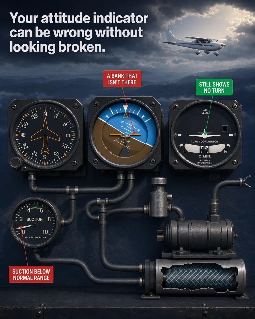 An attitude indicator failing slowly: an illustrated diagram for pilots. Your attitude indicator can be wrong without looking broken. The picture shows the vacuum system as Figure 8-20 draws it: heading indicator, attitude indicator, suction gauge, air filter, relief valve, pump and the hoses connecting them, the two gyro instruments side by side between the filter and the pump; the vacuum pump cold and still, nothing flowing in any hose; the suction gauge needle resting well below the short green arc that marks its normal range; the attitude indicator intact and convincing but showing a left bank as the FAA draws one: horizon and bank scale turned together, the orange miniature airplane level. Flight training explainer from FlightDecide.