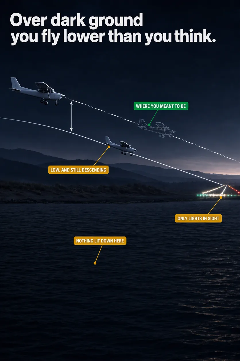 The black hole approach: an illustrated diagram for pilots. With nothing lit below, you fly lower than intended. The picture shows night side elevation with the lit runway small and far in the right third and the approach entering from the left; solid aeroplane on the lower, shallower path, visibly close to the dark surface short of the field; ghost outline of the same aeroplane on the intended path at the same distance out, clearly above the solid one; completely unlit ground or water between the aeroplane and the threshold, with no towns, roads or scattered lights. Flight training explainer from FlightDecide.