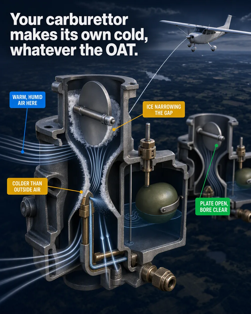 Carburettor ice on a warm day: an illustrated diagram for pilots. Your carburettor makes its own cold, whatever the OAT. The picture shows a rendered single-engine aeroplane in level cruise, small and high in the frame, over hazy summer farmland; a large cutaway of its carburettor filling the near foreground, sectioned along the induction path so intake mouth, venturi throat and throttle plate all read; pale streamlines entering the intake mouth and squeezing through the narrow throat, with the fuel spray leaving the nozzle in that same throat; a granular rime collar around the partly closed throttle plate, feathering thinner up the bore wall behind it. Flight training explainer from FlightDecide.