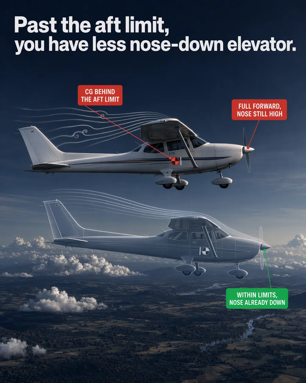 Centre of gravity aft of the limit: an illustrated diagram for pilots. Past the aft limit, you have less nose-down elevator. The picture shows a light high-wing single seen side-on, nose still above a level horizon; its elevator deflected fully trailing-edge down; streamlines breaking into curling eddies above the solid aeroplane's wing; a small red CG marker sitting behind a pale aft-limit tick on the fuselage. Flight training explainer from FlightDecide.