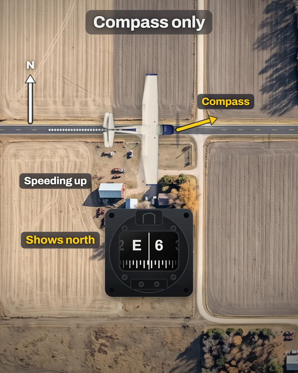 Compass acceleration error: an illustrated diagram for pilots. Speed up heading east and the compass shows a turn toward north.