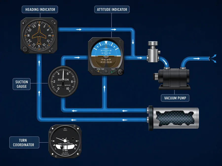 The vacuum pump pulls air through the filter and the two gyro instruments, and the suction gauge shows how much suction it is making. The electric turn coordinator is not on that line, so a failed pump leaves it working.