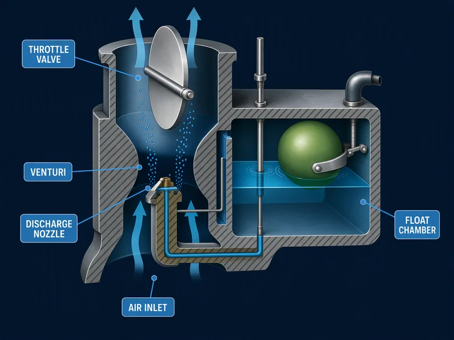 Fuel enters at the venturi throat, ahead of the throttle valve, which is why ice collects in both places.