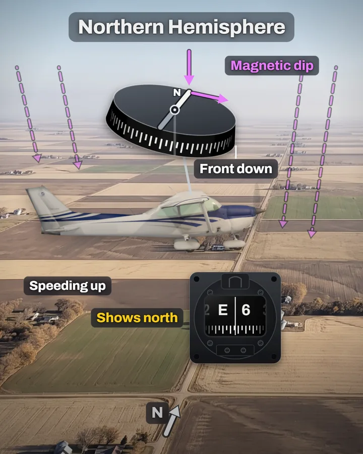 A high-wing trainer seen from the side over farmland, below a compass card drawn as a tilted dark disc with labels Front down and Magnetic dip, magenta arrows sloping into the ground, Northern Hemisphere above, and a compass reading between E and 6 labelled Speeding up and Shows north.