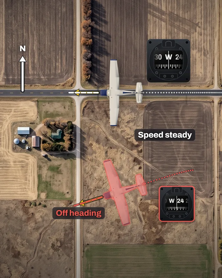 A trainer seen from above flying west along a road with the label Speed steady and a compass reading W, and a red airplane turned off the road below it, labelled Off heading, with its own compass.