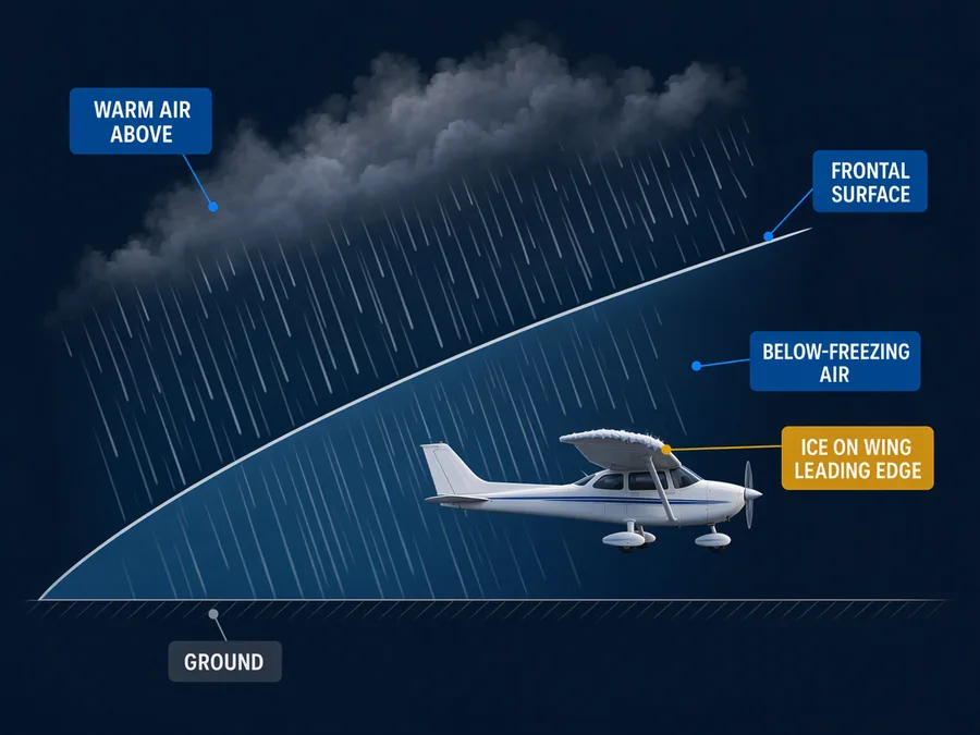 Rain made in the warm air above the front turns supercooled in the cold wedge below it, and that wedge is where the aircraft is.