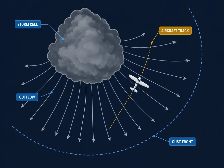 From above, the gust front bows out ahead of the cell, so a track that misses the cloud can still cross the outflow.