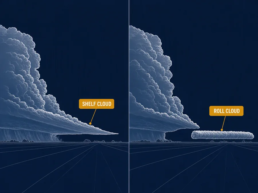 A shelf cloud stays joined to the storm's base, while a roll cloud floats free of it and is the rarer sight.