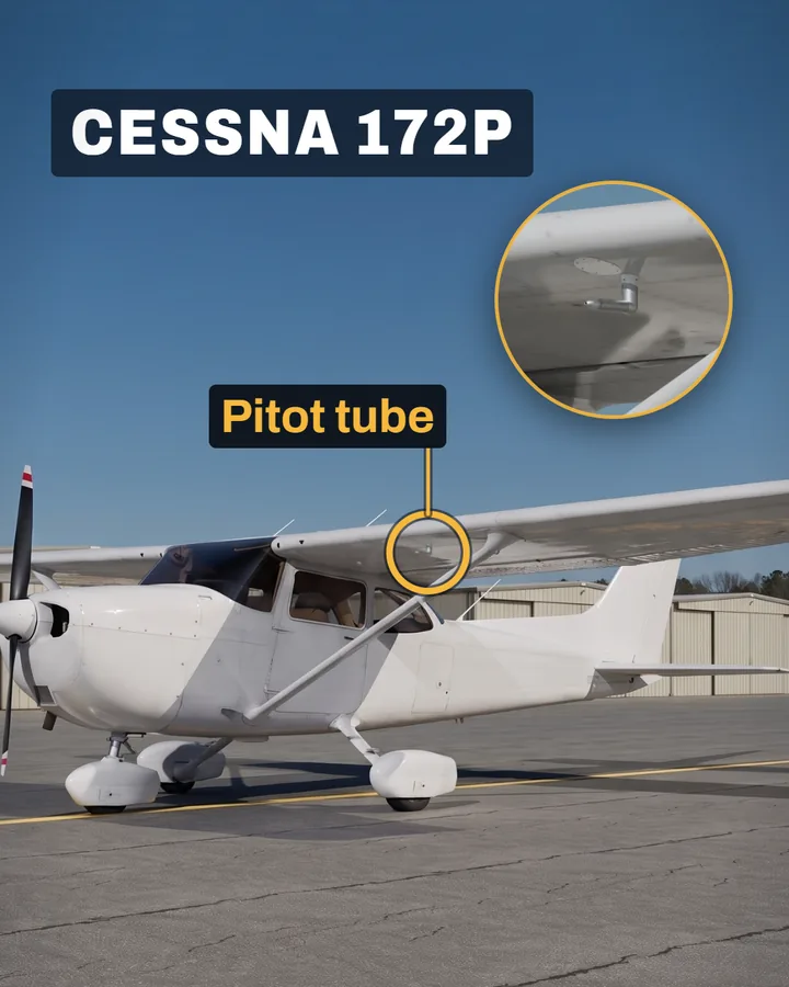 A white Cessna 172P on the ramp, labelled CESSNA 172P, with the pitot tube under its left wing ringed in gold and labelled Pitot tube, and a magnified circle showing the tube.