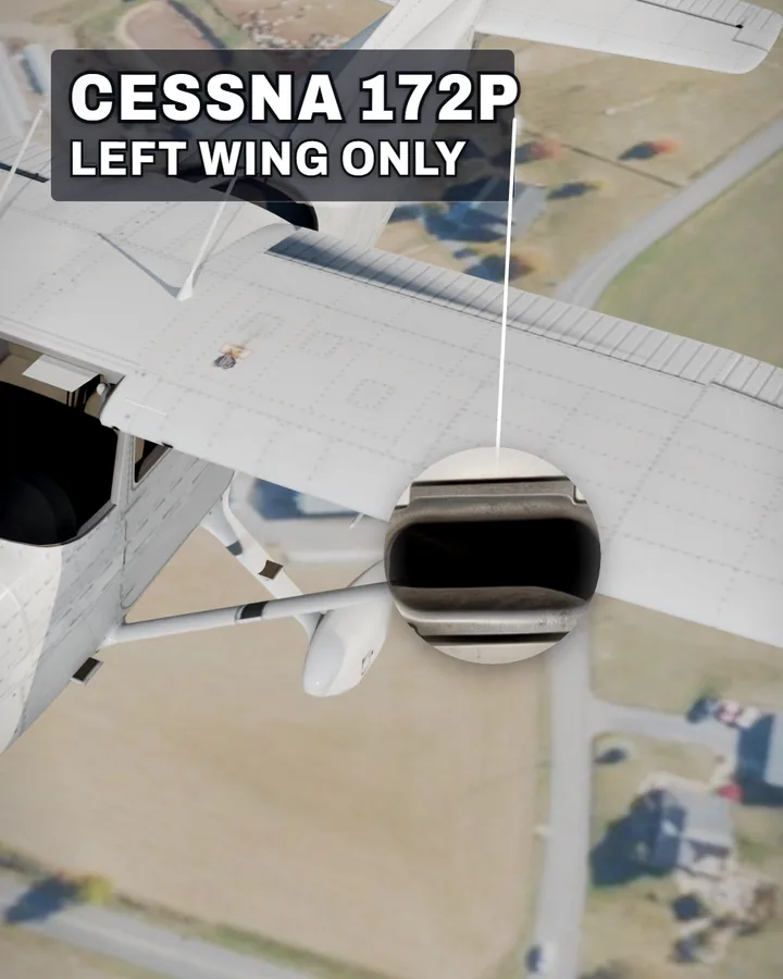 A white Cessna 172P seen from above over farmland, labelled CESSNA 172P and LEFT WING ONLY, with a magnified circle on the left wing's leading edge showing the dark inlet slot.