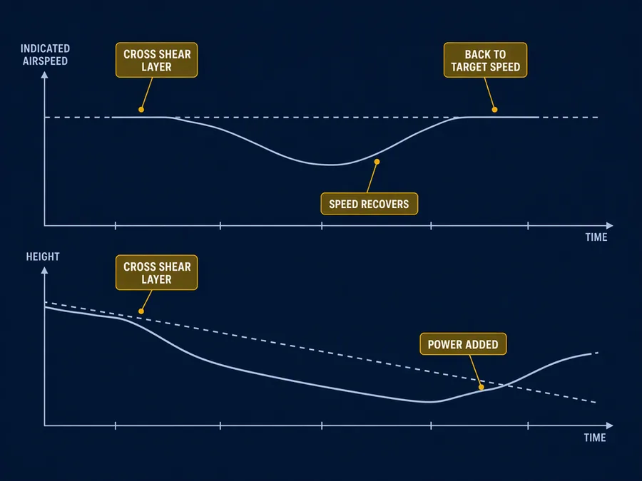 The airspeed comes back without any help from you, but the height lost during the dip stays lost until you add power.