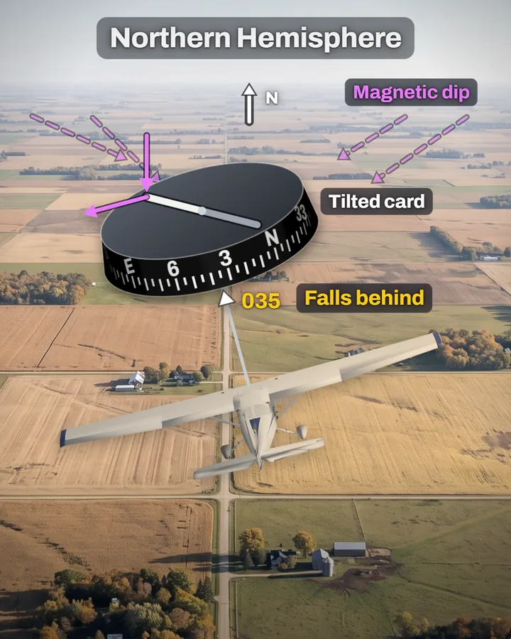 Seen from behind, a high-wing trainer banks left over farmland below a tilted compass card drawn as a dark disc. Magenta arrows show Earth's field dipping into the ground, and labels read Northern Hemisphere, Magnetic dip, Tilted card, and 035 Falls behind.