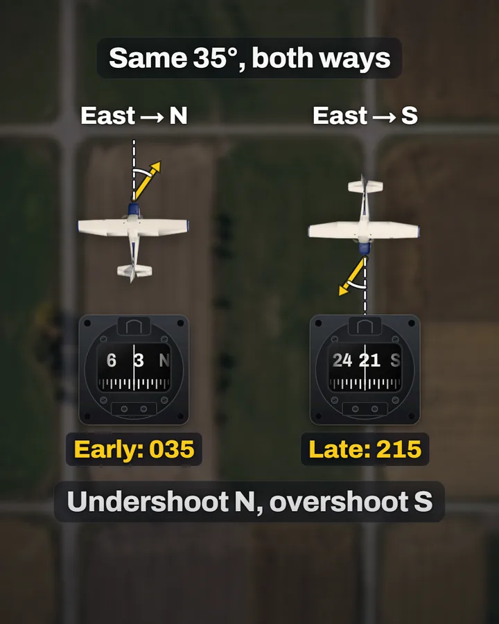Two trainers seen from above, side by side. Under East to N, a compass reads 035 and the label says Early: 035. Under East to S, a compass reads 215 and the label says Late: 215. Below them: Undershoot N, overshoot S.