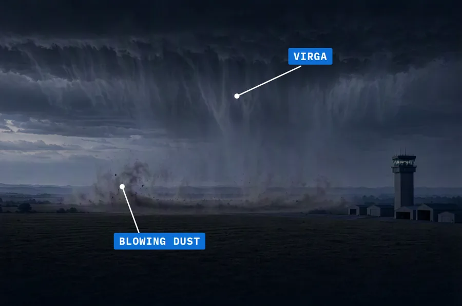 Grey streaks of virga hang from a dark cloud base over an airfield, fading before they reach the ground, and a ring of blowing dust spreads along the fields below. Both are labelled.