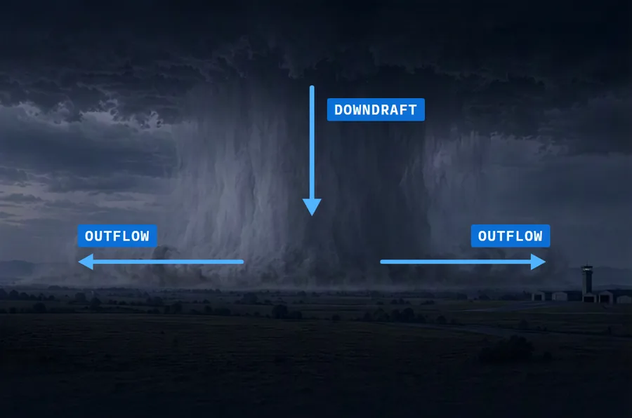 A dense rain column falls from a dark storm cloud onto farmland near an airfield and spreads outward at the ground. A blue arrow down the column is labelled downdraft, and arrows along the ground each way are labelled outflow.