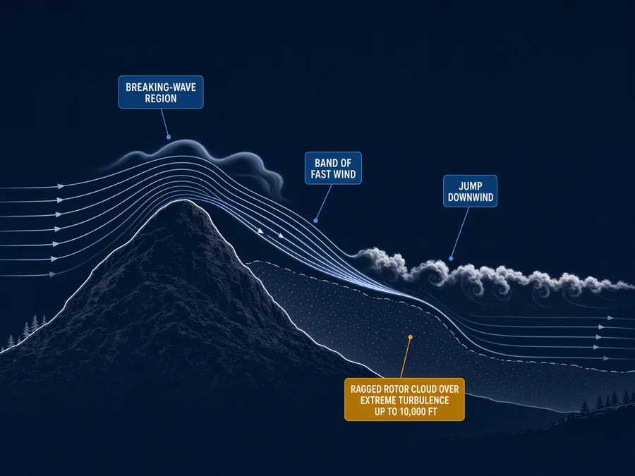 The rotor line sits over the jump, where the fast wind down the lee slope ends and extreme turbulence is frequent.