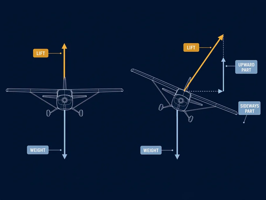 In the bank, the tilted lift has to grow to twice the weight so that its upward part still matches the weight.