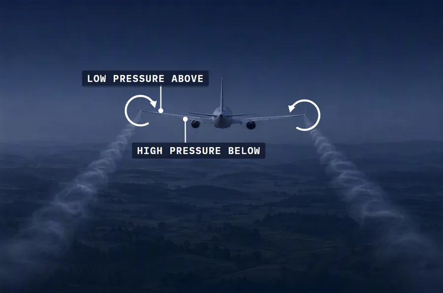 A large airliner seen from behind at dusk, a corkscrew of mist trailing from each wingtip, with arrows curling outward, up and around each tip and labels for the low pressure above the wing and the high pressure below it.
