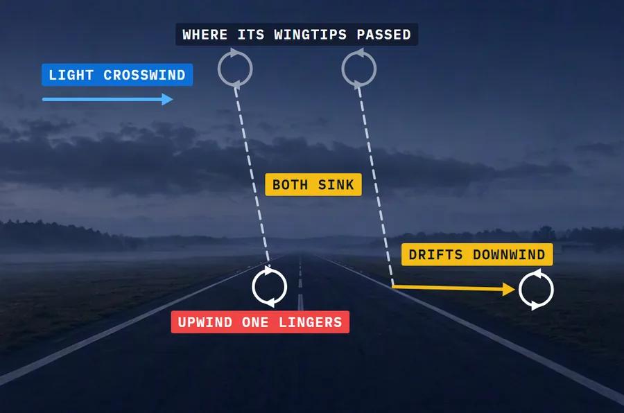 Looking down a runway at dusk: two vortex symbols sink from where a larger airplane passed, drifting a little with a light crosswind from the left; near the ground the upwind one lingers over the runway and the downwind one moves off past the edge.