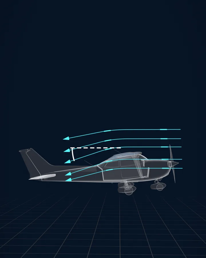 A side view of a see-through Cessna 172 with cyan streaks arriving level ahead of the wing and bending down over it and behind it.