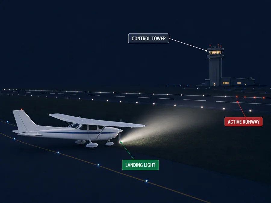 Clear of the active runway, the airplane holds its landing light toward the tower until a signal comes back.