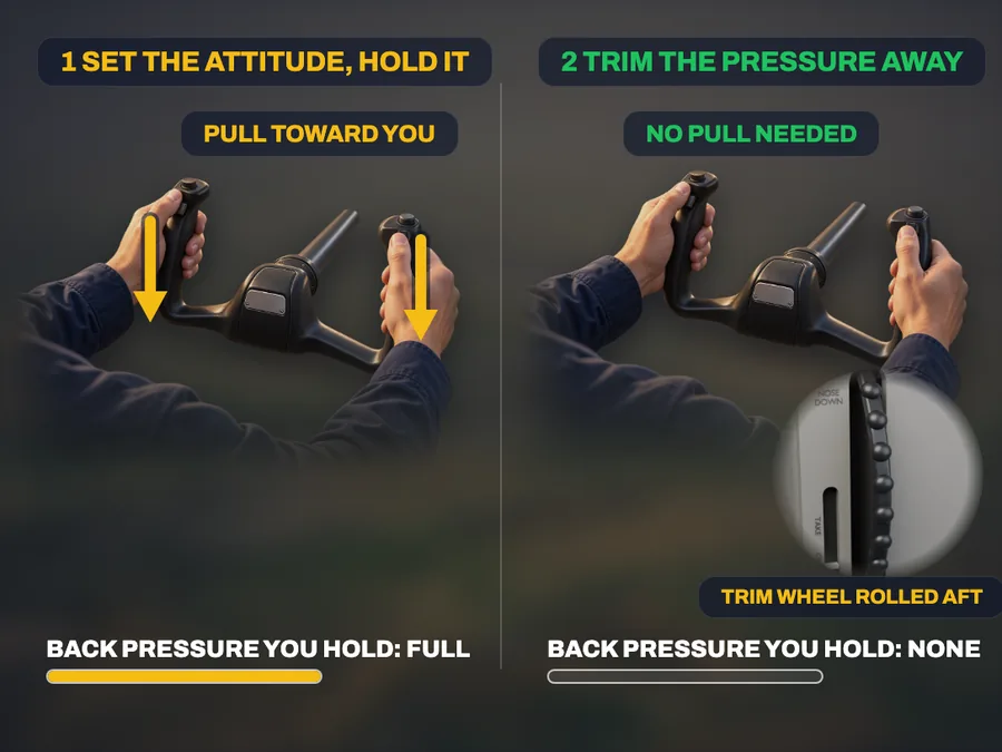 First hold the attitude you want with control pressure; then trim until that pressure is gone.