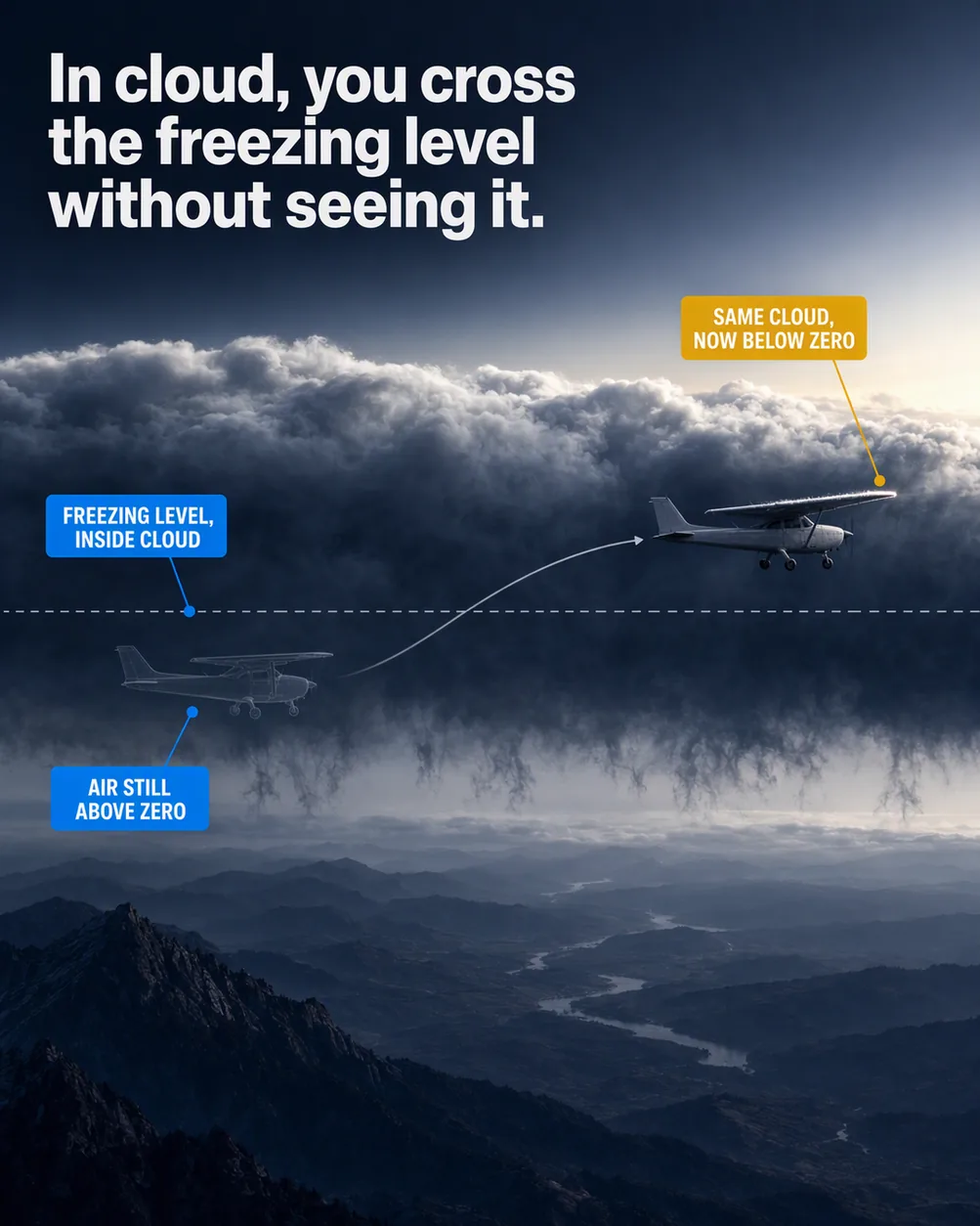 Freezing level inside a cloud layer: an illustrated diagram for pilots. In cloud, you cross the freezing level without seeing it. The picture shows one thick continuous cloud layer that clearly spans both above and below the freezing level; a thin dashed horizontal freezing-level line crossing through the inside of the cloud, not at its base or top; a ghost aircraft, pale and translucent, inside the cloud below the freezing line; the solid aircraft inside the same cloud, above the freezing line. Flight training explainer from FlightDecide.