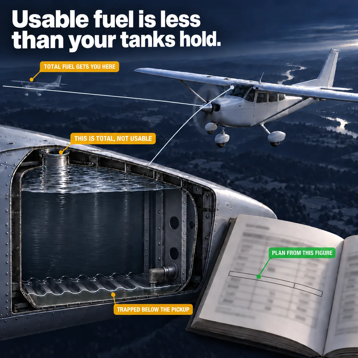 The fuel you cannot use: an illustrated diagram for pilots. Usable fuel is less than your tanks hold. The picture shows a rendered low-wing single-engine aeroplane in level cruise, solid and fully lit, with a thin pale track line running forward from the spinner and stopping in open air; a translucent dimmed ghost of the same aeroplane further along that same track line, with open air between the solid aircraft and the ghost; a cut-away section through the wing fuel tank lifted large into the near foreground, joined to the wing root by one thin line; fuel brimmed to the filler neck inside that cut-away, its upper surface clearly the top of what the tank holds. Flight training explainer from FlightDecide.