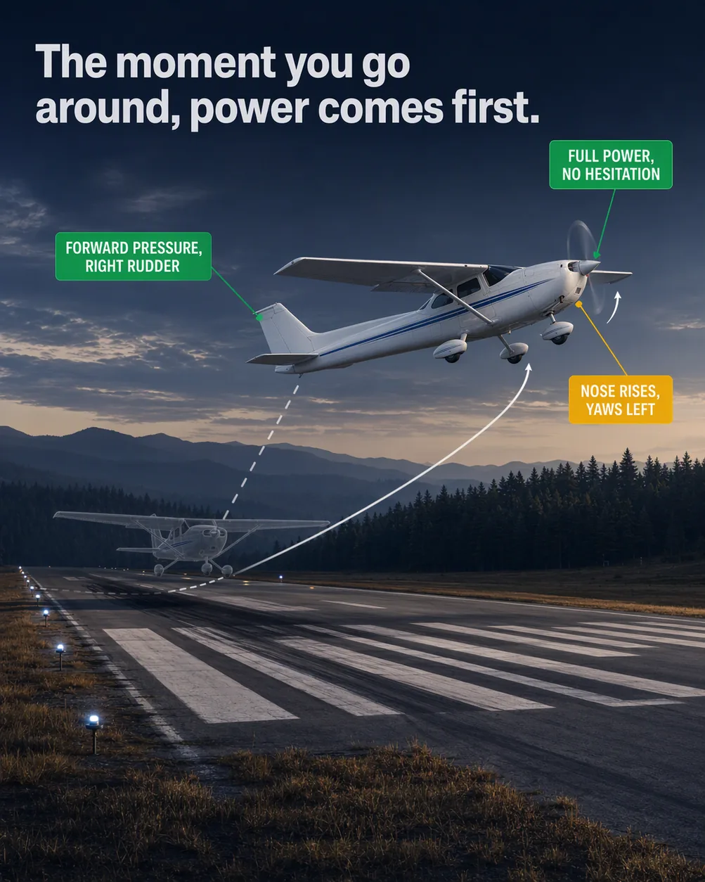 Going around: power first: an illustrated diagram for pilots. The moment you go around, power comes first. The picture shows the house aircraft right of centre, nose raised a few degrees, climbing away from the runway; a ghost of the house aircraft below and slightly behind it, nose level, still descending toward the touchdown zone; two thin pale flight paths that part above the threshold, one bending up to the solid aircraft and one continuing down to the ghost; a blurred propeller disc on the solid aircraft. Flight training explainer from FlightDecide.