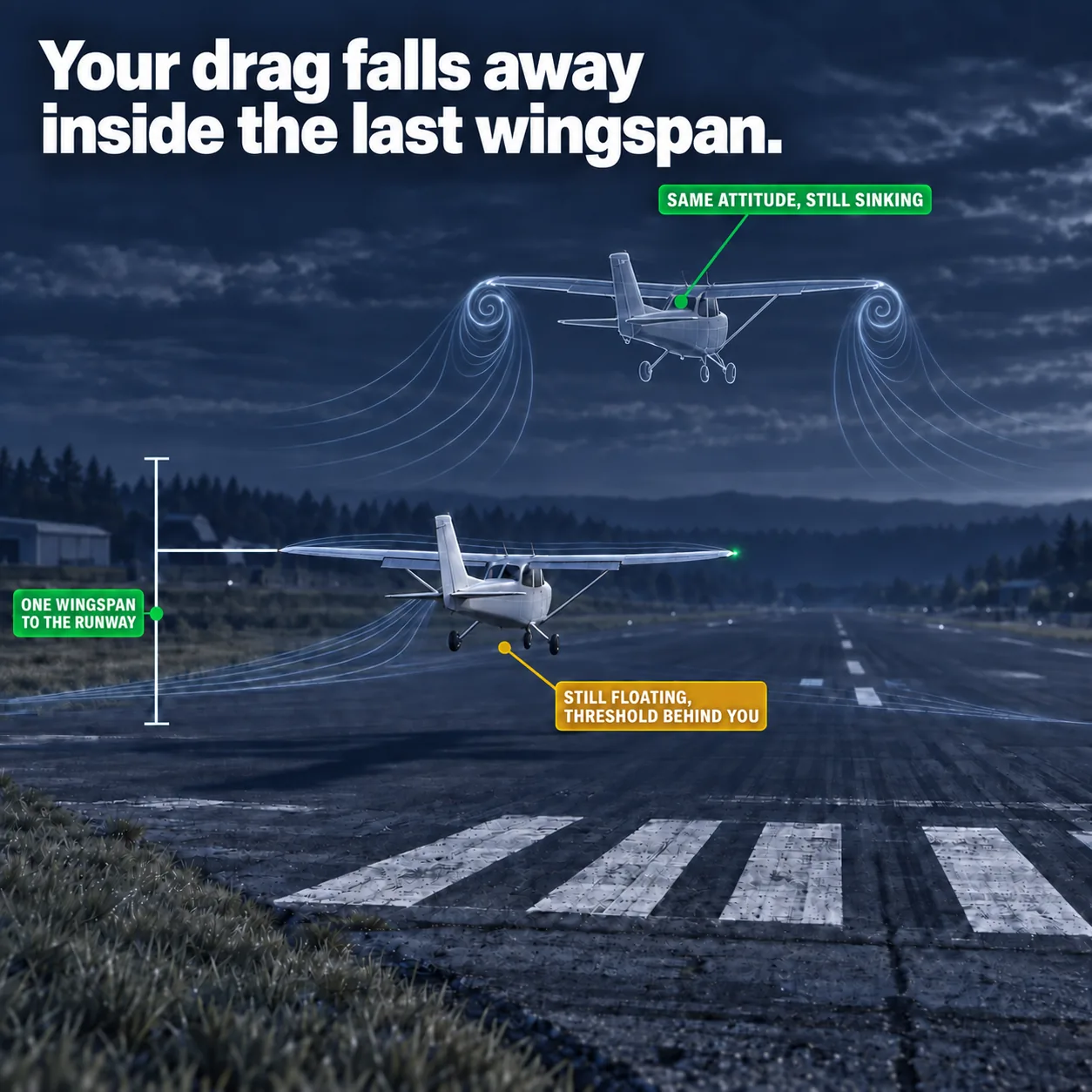 Ground effect in the flare: an illustrated diagram for pilots. Your drag falls away inside the last wingspan. The picture shows a rendered light single nose-high in the flare, wings level, main wheels hovering a few feet above the runway centreline; a ticked vertical dimension line one wingspan tall from the low aircraft's wingtip to the asphalt, with the aeroplane sitting well inside it; ghost comparison: the same aeroplane in the same nose-high attitude, a pale unfilled outline about one and a half wingspans higher and slightly behind; tip trails behind the low aircraft pressed wide and shallow along the asphalt, while the ghost's trails curl into two deep, tight vortices. Flight training explainer from FlightDecide.