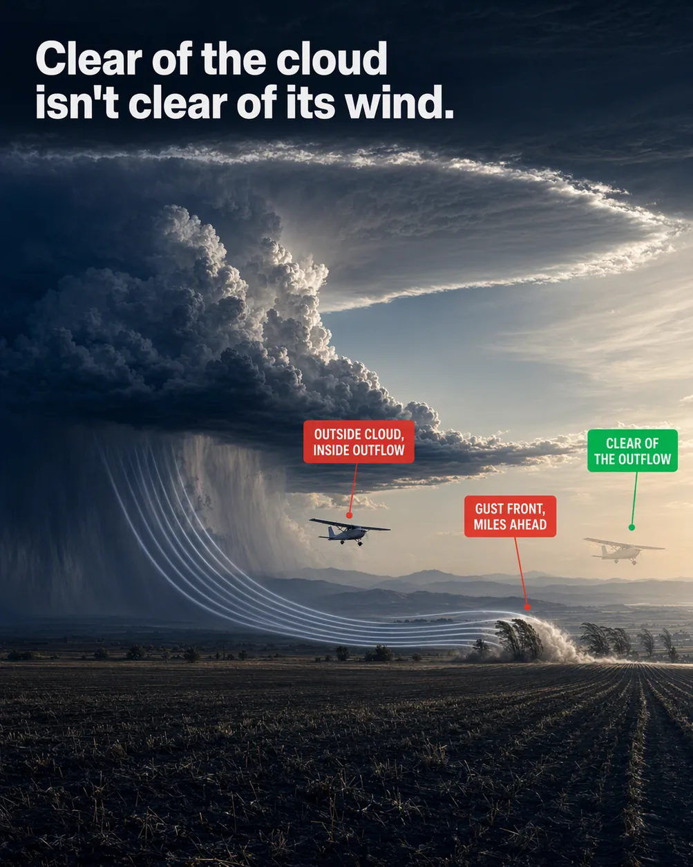 The gust front ahead of a thunderstorm: an illustrated diagram for pilots. Clear of the cloud isn't clear of its wind. The picture shows a thunderstorm on the left with a dark rain shaft and a clean right-hand cloud edge; pale streamlines dropping out of the rain and running along the ground well past the cloud edge; a curling dust roll marking the gust front's leading edge far to the right of the cloud; open sky with no cloud above the solid aircraft, which sits inside the streamlines. Flight training explainer from FlightDecide.