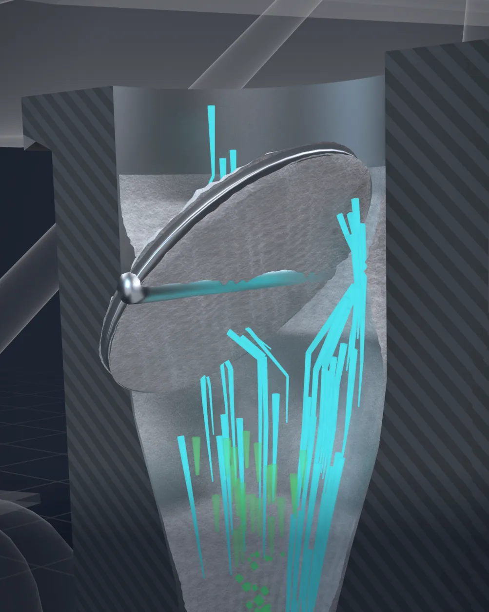 A see-through cutaway of the up-draft carburetor under a Cessna 172P's engine: cyan air streaks speeding up through the narrow throat, a green fuel passage from the float bowl to the nozzle, and white frost crusting the throttle plate and the throat.