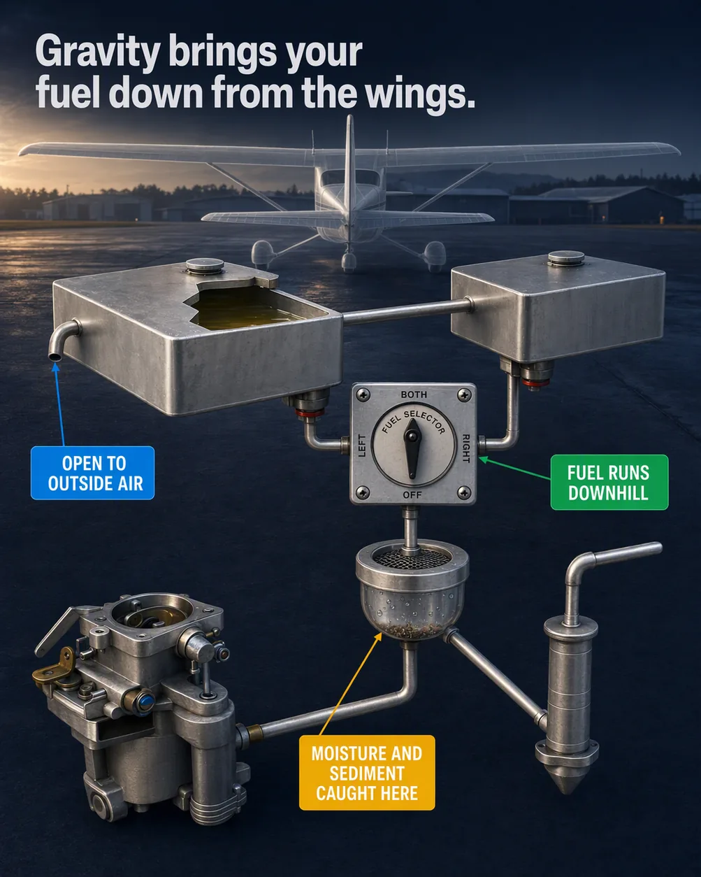 How fuel reaches the engine in a high-wing trainer: an illustrated diagram for pilots. Gravity brings your fuel down from the wings. The picture shows two box-shaped tanks up at the wing line, the left tank's top cutaway showing fuel inside; the short curved vent tube opening from the outer left end of the left tank; the square selector valve plate with its round FUEL SELECTOR dial, centred below the tanks; the round strainer bowl with its mesh screen directly below the selector, beads of water and grit in its bottom. Flight training explainer from FlightDecide.