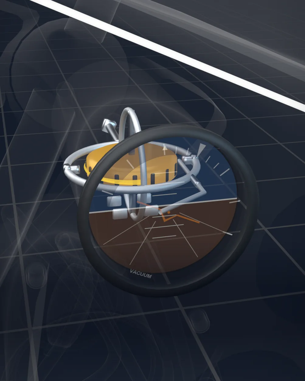 An X-ray view through the see-through instrument panel of a banking Cessna 172P: inside the attitude indicator's case a gold spinning wheel in two silver rings stays level, and the blue and brown horizon on the face stays level with it.