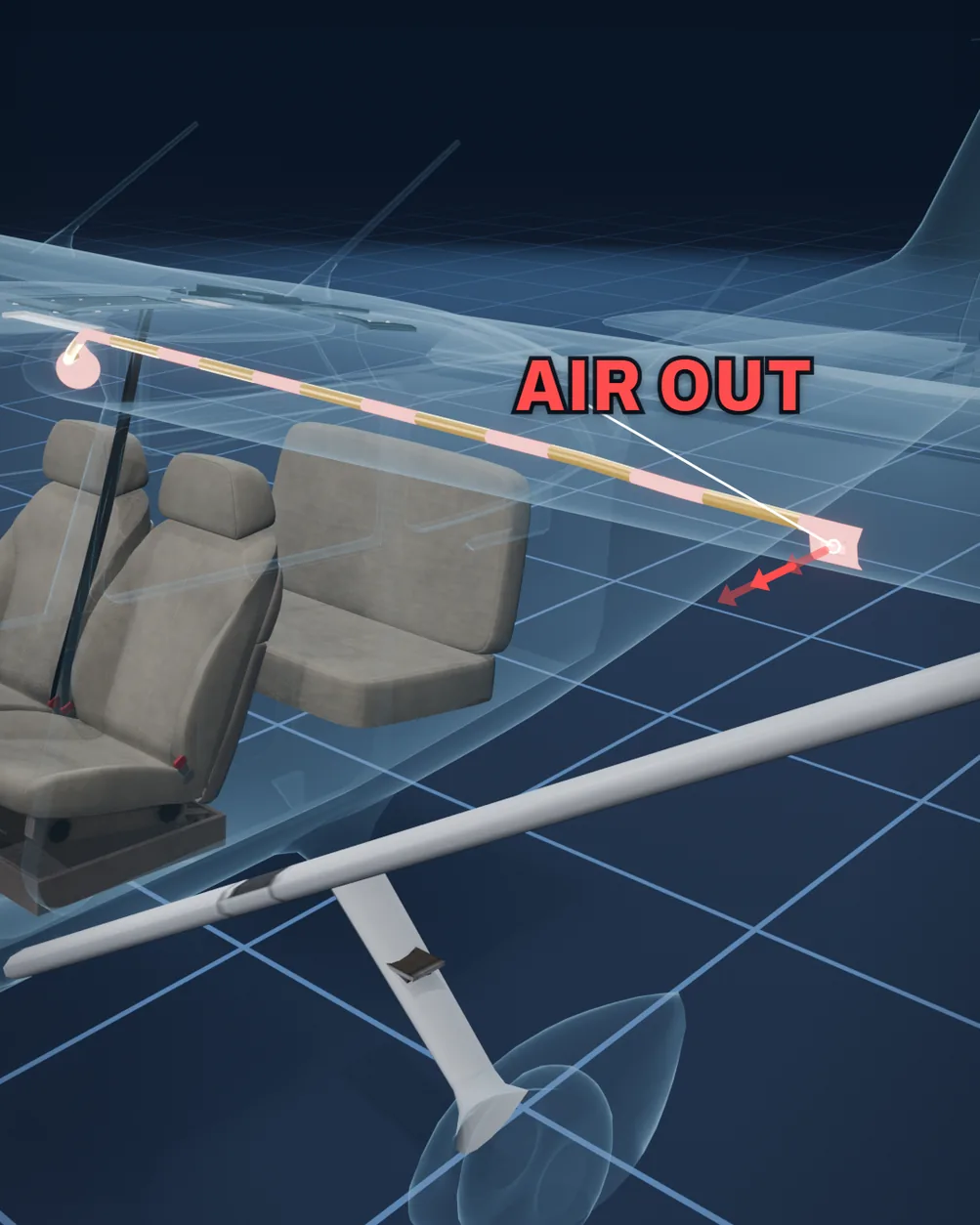 An X-ray view of a white Cessna 172 with the stall warning tube, drawn in gold, running from the cabin along the left wing to the slot in its leading edge, where red arrows labelled AIR OUT leave it. Not to scale.