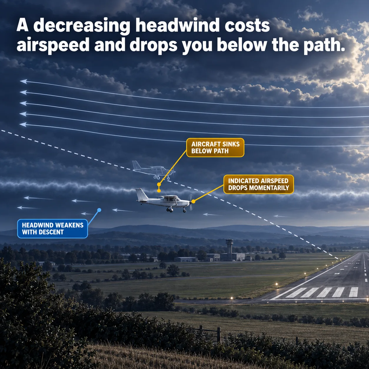 Losing the headwind on final: an illustrated diagram for pilots. A decreasing headwind costs airspeed and drops you below the path. The picture shows two wind layers divided by a soft shear seam: long streamlines above, short stubby ones below; a dashed intended glidepath running straight down to the runway threshold; the solid aircraft sitting beneath that dashed path, just after crossing the seam; a pale ghost of the same aircraft still on the dashed path at the same point along final. Flight training explainer from FlightDecide.