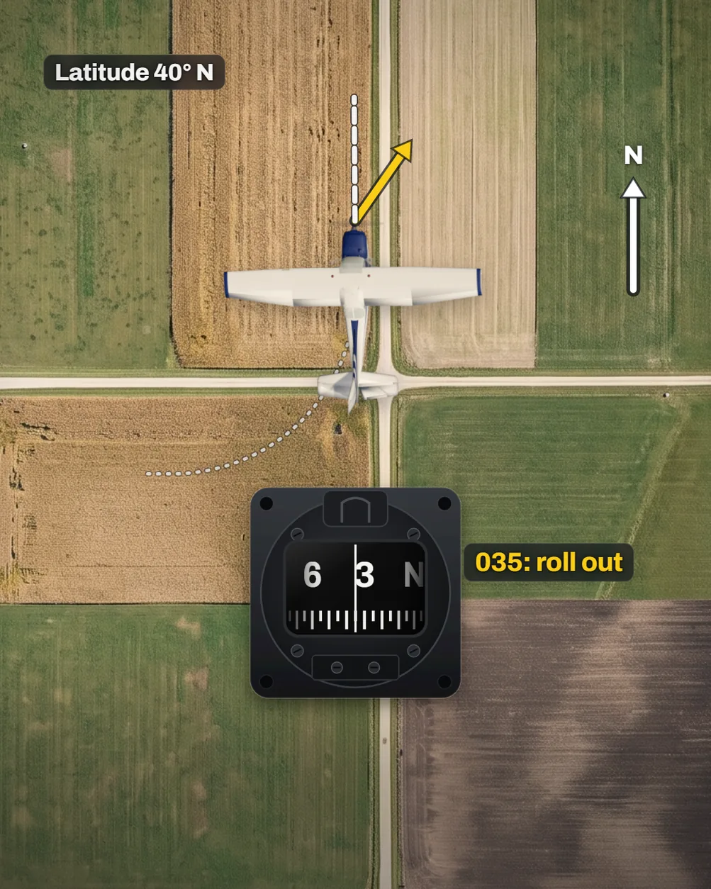 Magnetic compass errors: an illustrated diagram for pilots. Turning toward north, roll out before the compass shows north.