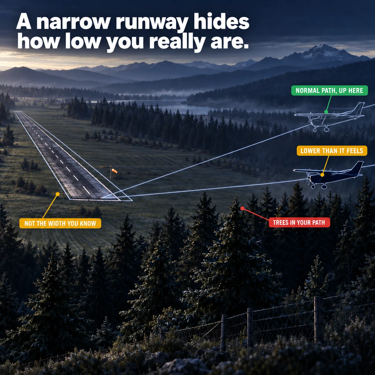 A narrow runway and a low approach: an illustrated diagram for pilots. A narrow runway hides how low you really are. The picture shows the runway seen obliquely ahead, its paved width visibly narrow with the edges close together and the markings small and crowded; a pale unfilled outline of the usual, wider runway drawn around the real one, so the gap between true edge and outline can be read; ghost outline of the same aeroplane on the normal approach path, at the same distance out and clearly above the solid one; solid aeroplane low on a shallower path, sitting close to the ground short of the threshold. Flight training explainer from FlightDecide.