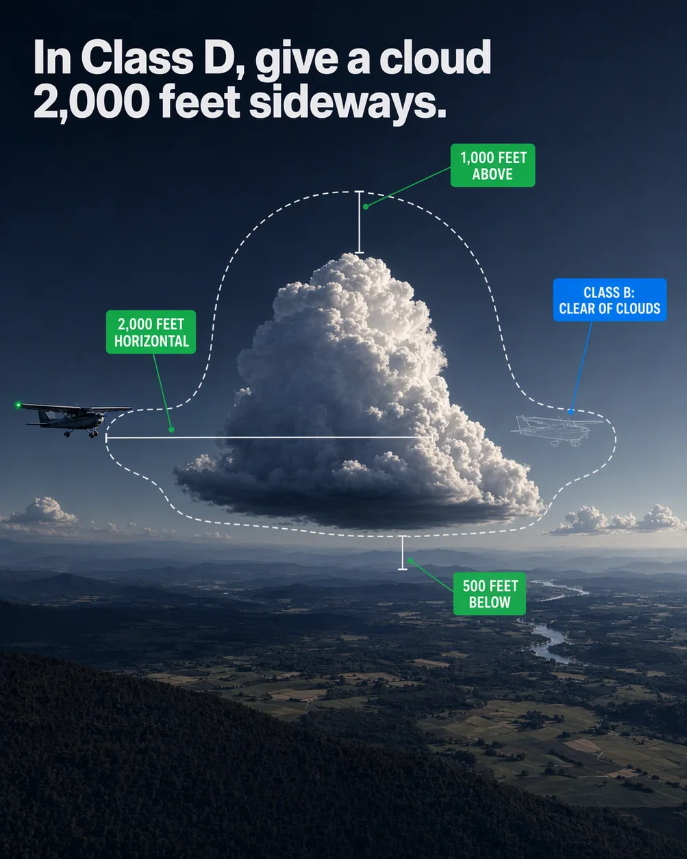 The room VFR leaves around a cloud: an illustrated diagram for pilots. In Class D, give a cloud 2,000 feet sideways. The picture shows a single cumulus with a sunlit top and a level, shadowed base; a thin dashed boundary around the cloud, farthest out at the sides, less far above the top, closest under the base; a horizontal dimension line that is visibly the longest, about twice the line above the cloud and four times the line below it; two vertical dimension lines, one above the cloud top and a shorter one under the base. Flight training explainer from FlightDecide.