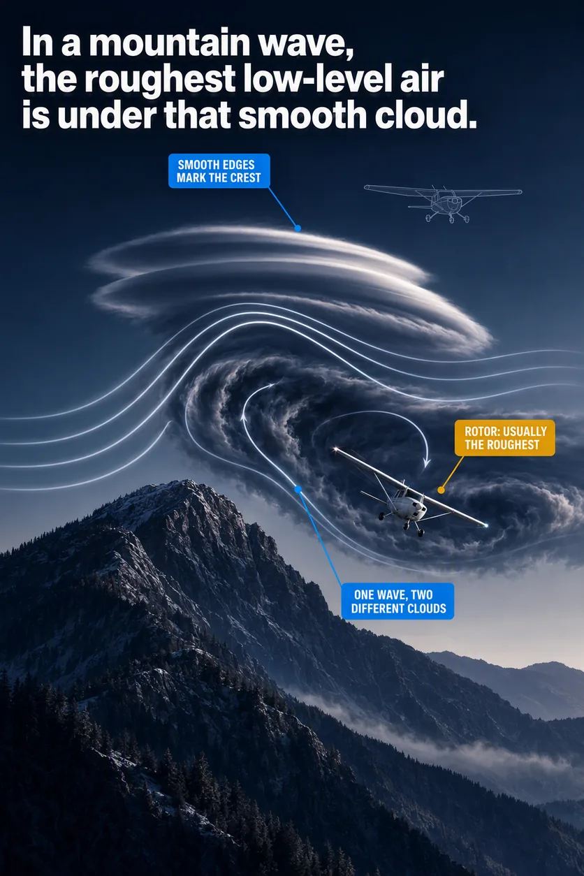 Rotor cloud under a mountain wave: an illustrated diagram for pilots. In a mountain wave, the roughest low-level air is under that smooth cloud. The picture shows a mountain ridge in profile with the wind crossing it left to right; a smooth, hard-edged lens of lenticular cloud sitting at the wave crest downwind of the summit; a torn, ragged rotor cloud directly below that lenticular, at about ridge-top height; streamlines drawn unbroken from the lenticular down into the rotor, so the two clouds read as one wave. Flight training explainer from FlightDecide.