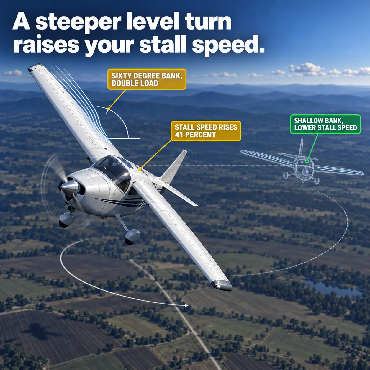 Stall speed rising with bank angle: an illustrated diagram for pilots. A steeper level turn raises your stall speed. The picture shows a rendered single-engine aircraft heeled hard over in a steep turn, wings near sixty degrees of bank; the nose held on the horizon so the steep turn reads as level, not descending; a pale ghost of the same aircraft in a shallow bank, wings close to level; a thin level reference line joining solid aircraft and ghost at the same altitude. Flight training explainer from FlightDecide.