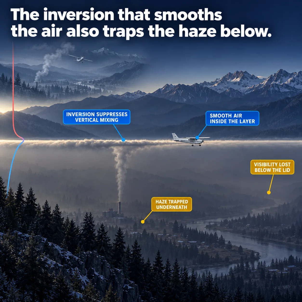 A temperature inversion trapping haze: an illustrated diagram for pilots. The inversion that smooths the air also traps the haze below. The picture shows a valley filled with dense haze whose top is cut off along one ruler-straight horizontal line; clean transparent air above that line with distant ranges still crisp and edged; a smoke column from a chimney that climbs vertically, stops dead at the line, and spreads sideways into a long level sheet; a small profile aircraft flying at the top of the haze with wings dead level. Flight training explainer from FlightDecide.
