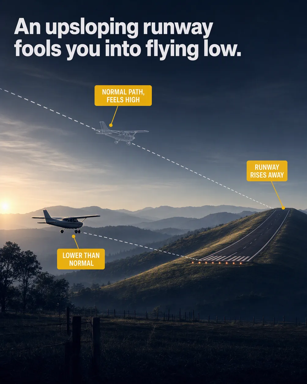 An upsloping runway and a low approach: an illustrated diagram for pilots. An upsloping runway fools you into flying low. The picture shows a runway that visibly slopes uphill away from the approaching aircraft; the solid aircraft on a shallow path clearly below the normal approach; a translucent ghost aircraft on the normal approach path above the solid one, as the comparison; two thin approach path lines converging on the runway threshold, one visibly lower than the other. Flight training explainer from FlightDecide.