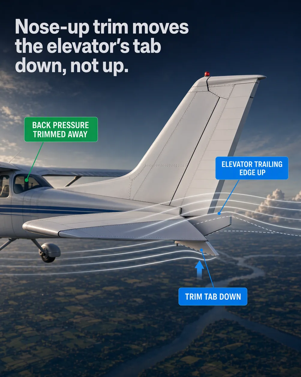 Which way the trim tab moves: an illustrated diagram for pilots. Nose-up trim moves the elevator's tab down, not up.