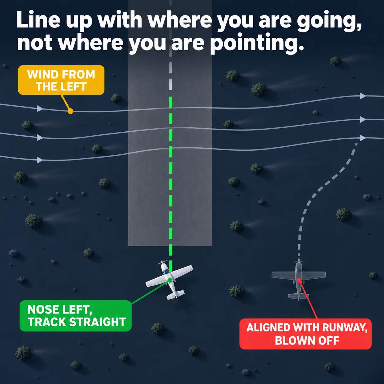 Wind correction angle: an illustrated diagram for pilots. Line up with where you are going, not where you are pointing.