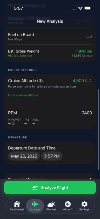 Lower half of the New Analysis form: Fuel on Board, Estimated Gross Weight, Cruise Altitude, RPM, and Departure Date and Time.