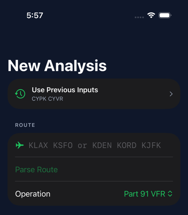 The top of the New Analysis form on iPhone: New Analysis title, Use Previous Inputs shortcut card, route input field, and Operation selector.