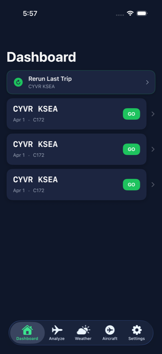 FlightDecide Dashboard showing a list of recent flight analyses for CYVR–KSEA with green GO badges.