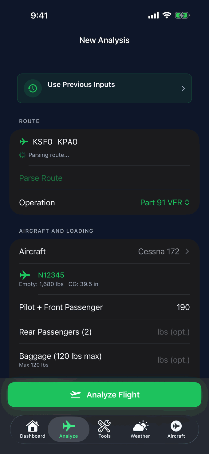 New Analysis form for KSFO to KPAO with a Cessna 172 (N12345) and a green weight and balance summary